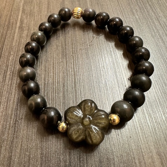 100% Natural Black onyx obsidian and 14k gold filled bead bracelet in 8mm - Picture 2 of 8
